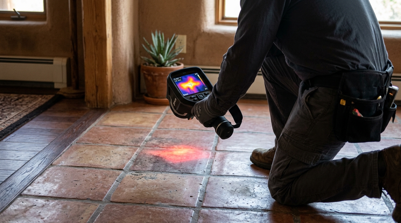 Thermal imaging scan revealing hot water leak plume beneath concrete foundation