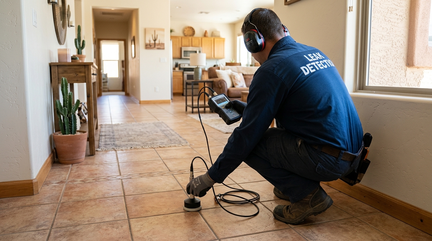 Plumber listening for foundation leaks using acoustic electronic detection gear on concrete slab